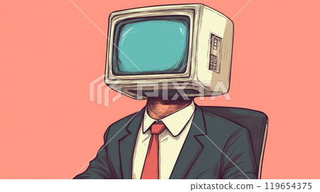 Businessman with a computer monitor as a head sitting in an office 119654375