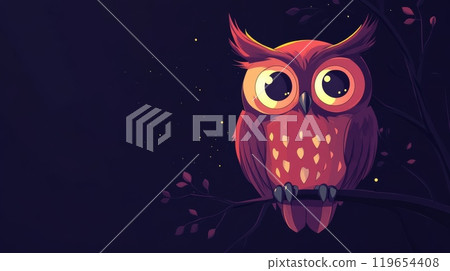 Cute red owl sitting on a branch at night 119654408