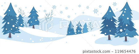 A serene winter landscape featuring snow-covered trees and gentle hills in a soft color palette. Christmas. Vector illustration 119654476