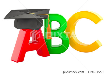 ABC colored letters with education hat, 3D rendering ABC colored letters with education hat, 3D rendering 119654559
