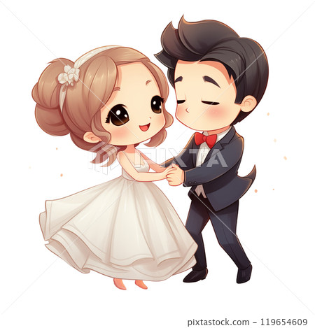Illustration portraying a blissful dance of a bride and groom filled with love, radiating joy and happiness, capturing the magical moment of their celebration., AI Generated 119654609