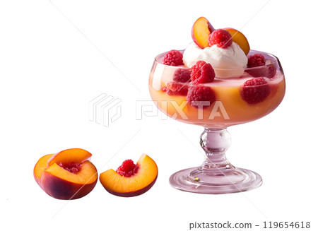 Delightful glass of Peach Melba dessert, combining the refreshing flavors of peaches with a tangy raspberry sauce and creamy vanilla ice cream. AI Generated 119654618