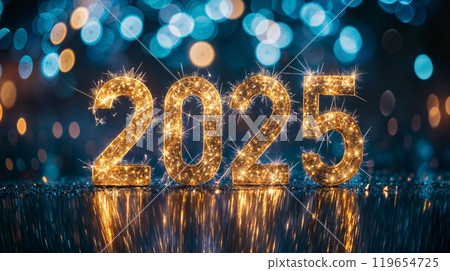 2025 New Year background with golden glowing numbers written with sparkling sparklers for a celebratory concept, shiny gold bokeh lights in a dark blue and background 2025 New Year background with golden glowing numbers written with sparkling sparklers for a celebratory concept, shiny gold bokeh lights in a dark blue and background 119654725