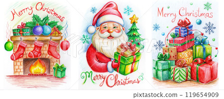 Santa, fireplace, gifts for New Year and Christmas, elements for cards. Drawn in pencil. Isolated on a white background 119654909