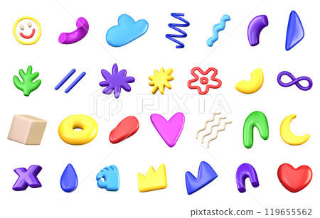 3D vector set of different abstract bright doodle shapes isolated on a white background. Variety of decorative multicolored bright design elements. Set in 3d plastic cartoon style 119655562