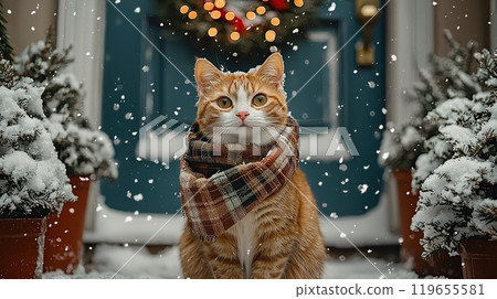 Cat in a scarf surrounded by snowflakes near a decorated door. 119655581