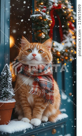 Cat in a scarf surrounded by snowflakes near a decorated door. 119655609