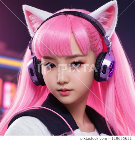 Teen girl with pink hair and with cat ears listens to music in headphones. AI-generated item. 119655631