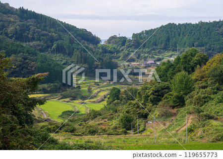 Beautiful Ohawanishi rice terraces in Misaki Town, Kume County, Okayama Prefecture, Japan Beautiful Ohawanishi rice terraces in Misaki Town, Kume County, Okayama Prefecture, Japan 119655773