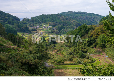 Beautiful Ohawanishi rice terraces in Misaki Town, Kume County, Okayama Prefecture, Japan Beautiful Ohawanishi rice terraces in Misaki Town, Kume County, Okayama Prefecture, Japan 119655774