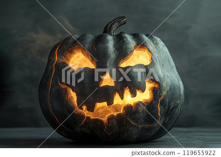Halloween pumpkin with a face glowing from the inside, dark background, front shot 119655922