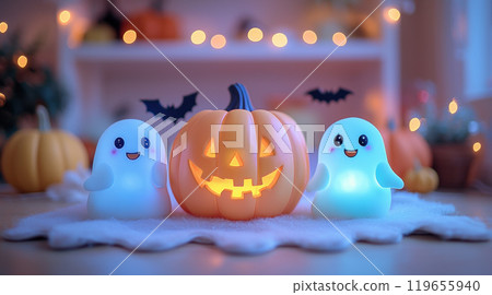 Halloween night background with cute pumpkins, playful ghosts vibrant pastel colors, child-friendly 119655940