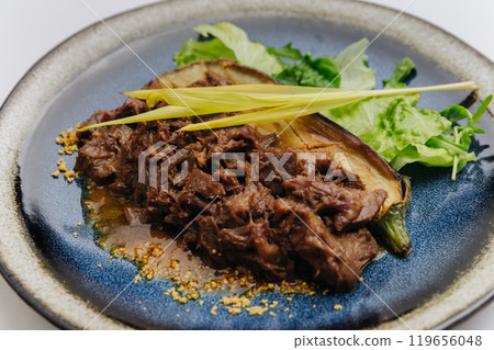 Braised meat served with roasted eggplant, greens, and fresh garnish for elegant and flavorful dish 119656048