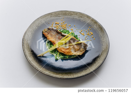 Crispy seared fish fillet on a bed of creamed spinach with gourmet garnish and elegant plating 119656057