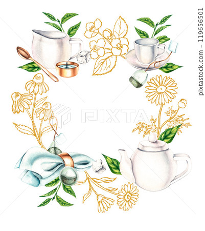 Hand painted gold tea set with herbs 119656501