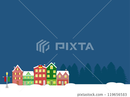 Scandinavian style house and snowy scenery at night Christmas illustration background material 119656583