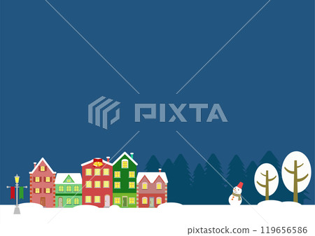 斯堪的納維亞風格的房子和夜雪場景的聖誕插畫背景素材 119656586