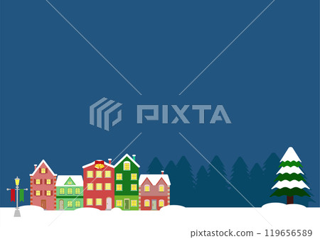 Scandinavian style house and snowy scenery at night Christmas illustration background material 119656589