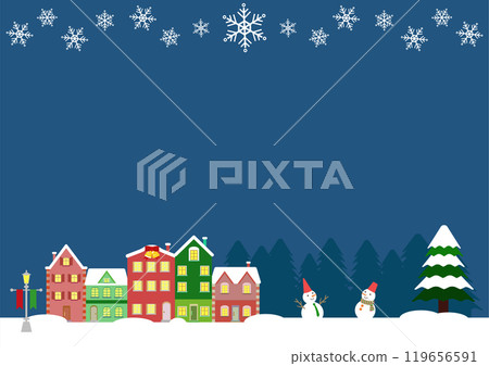 斯堪的納維亞風格的房子和夜雪場景的聖誕插畫背景素材 119656591