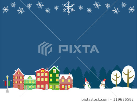 Scandinavian style house and snowy scenery at night Christmas illustration background material 119656592