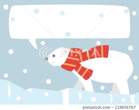 Illustration of a cute polar bear wearing a red scarf walking on a glacier (with speech bubble version) 119656767
