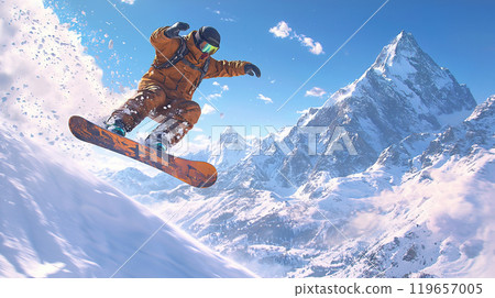 Snowboarder sliding down a snowy slope 119657005