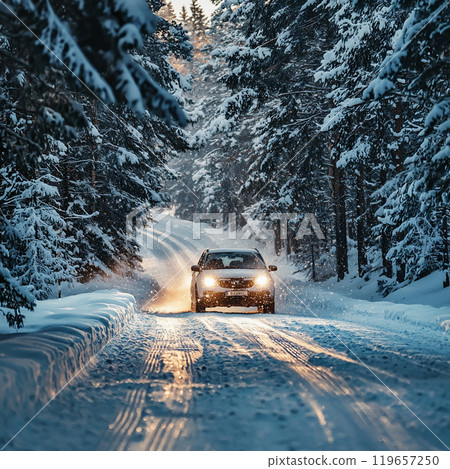 冬天雪路上汽車行駛的風景 冬天雪路上汽車行駛的風景 119657250