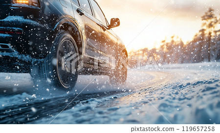 冬季雪路上行駛的SUV汽車的動態場景 冬季雪路上行駛的SUV汽車的動態場景 119657258