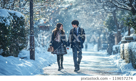 學生們在上學的雪路上互相微笑 學生們在上學的雪路上互相微笑 119657274