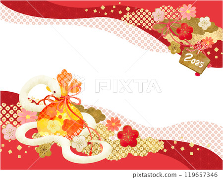 New Year's card material with a Japanese pattern of white snakes and flowers New Year's card material with a Japanese pattern of white snakes and flowers 119657346