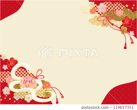New Year's card material with a Japanese pattern of white snakes and flowers New Year's card material with a Japanese pattern of white snakes and flowers 119657351