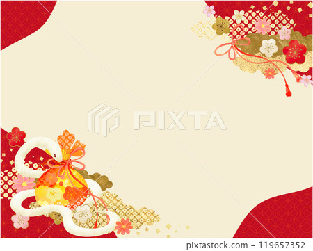 New Year's card material with a Japanese pattern of white snakes and flowers New Year's card material with a Japanese pattern of white snakes and flowers 119657352
