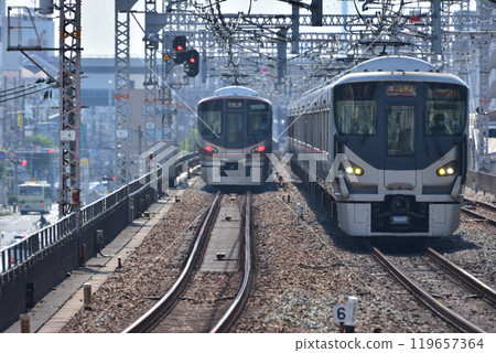 The Kansai Airport-Kishuji Rapid 225 series 5000 series train passing Noda Station The Kansai Airport-Kishuji Rapid 225 series 5000 series train passing Noda Station 119657364