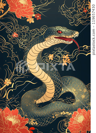 Illustration of a snake and peony with gold decoration on a black background Illustration of a snake and peony with gold decoration on a black background 119657430