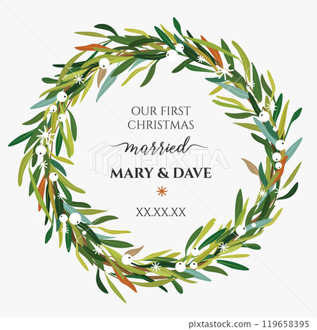 Christmas, New year green leaves, white mistletoe berries wreath. Festive greenery, holiday round decorative element. Floral watercolor, vector art wedding illustration. Elegant editable greeting card Christmas, New year green leaves, white mistletoe berries wreath. Festive greenery, holiday round decorative element. Floral watercolor, vector art wedding illustration. Elegant editable greeting card 119658395