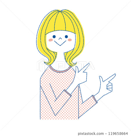 Smiling young woman pointing with both hands 119658664