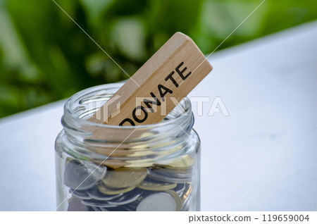 Donate text on wooden block inside a jar with golden coins. Charity and conservation concept 119659004
