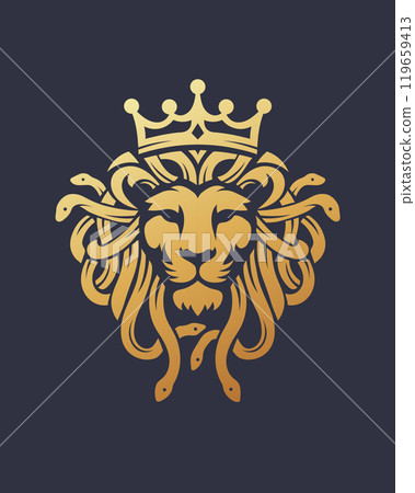lion face combine with medusa concept, strength and wisdom, intelligence and mystery lion face combine with medusa concept, strength and wisdom, intelligence and mystery 119659413