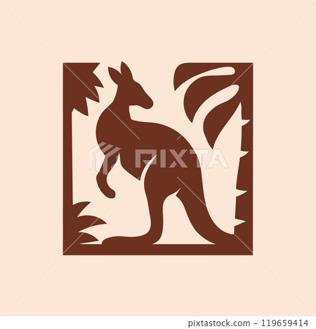 kangaroo with coconut tree and bushes in square frame 119659414