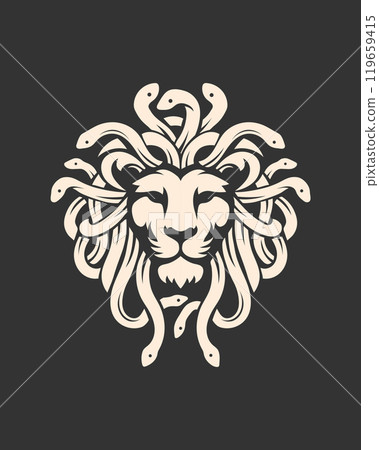 lion face combine with medusa concept, strength and wisdom, intelligence and mystery 119659415
