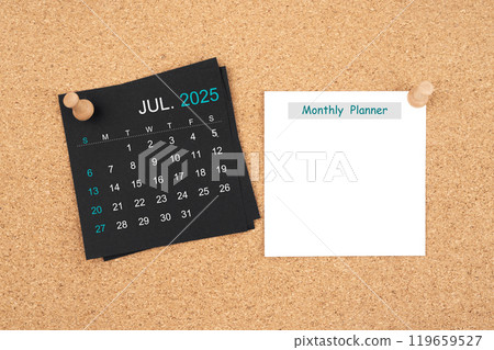 Calendar sheet for July 2025 and blank adhesive notes for monthly planner with thumbtack on wooden. Calendar sheet for July 2025 and blank adhesive notes for monthly planner with thumbtack on wooden. 119659527