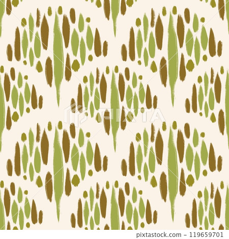Hand drawn seamless pattern with ikat ethnic traditional indonesian fabric print. green beige brown abstract geometric stripes lines design mid century modern splash stroke vibrant print. Hand drawn seamless pattern with ikat ethnic traditional indonesian fabric print. green beige brown abstract geometric stripes lines design mid century modern splash stroke vibrant print. 119659701