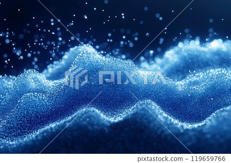 抽象橫幅）深色背景上的藍色發光粒子波。能源和技術概念。 AI生成影像 119659766