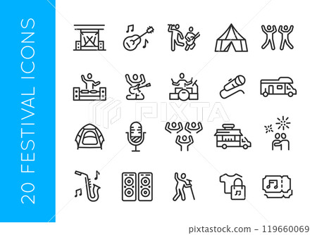 Festival, outdoors, event line icons Festival, outdoors, event line icons 119660069
