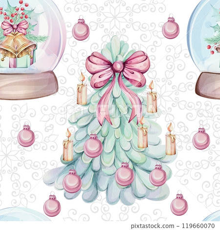 Watercolor seamless pattern - candy cane, Christmas three, Snow globe, glass ball shaker. New Year decorative ball with winter landscape. Sweet peppermint cinnamon lollipop pink white, gift with red Watercolor seamless pattern - candy cane, Christmas three, Snow globe, glass ball shaker. New Year decorative ball with winter landscape. Sweet peppermint cinnamon lollipop pink white, gift with red 119660070
