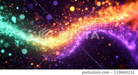 抽像水平橫幅)深色背景上藍綠色、橙色和紫色的發光粒子波。能源概念。 AI生成影像 抽像水平橫幅)深色背景上藍綠色、橙色和紫色的發光粒子波。能源概念。 AI生成影像 119660232