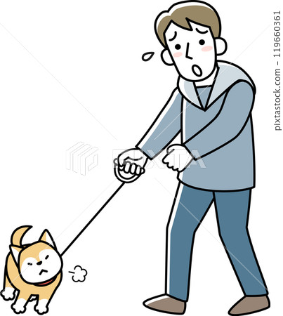 A young man and his troubled owner, a dog that doesn't want to go for a walk A young man and his troubled owner, a dog that doesn't want to go for a walk 119660361
