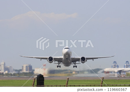 Passenger plane taking off from Haneda Airport and ascending Passenger plane taking off from Haneda Airport and ascending 119660367