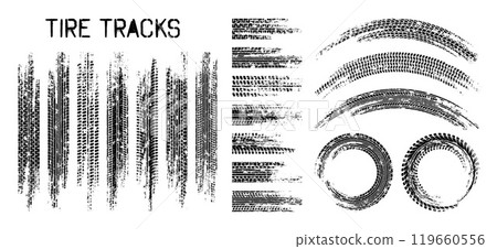 Grunge tire tracks, wheel braking marks. Truck, car or motorcycle tread pattern silhouettes. Auto race, motorsport, speed racing design element. Vector illustration 119660556