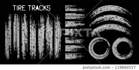 Grunge tire tracks, wheel braking marks. Truck, car or motorcycle tread pattern silhouettes. Auto race, motorsport, speed racing design element. Vector illustration Grunge tire tracks, wheel braking marks. Truck, car or motorcycle tread pattern silhouettes. Auto race, motorsport, speed racing design element. Vector illustration 119660557